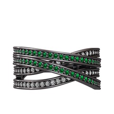 Rhys Yüzük - Yeşil kuvars ve beyaz zirkon 925 ayar siyah rodyum kaplama gümüş yüzük #qx15e3