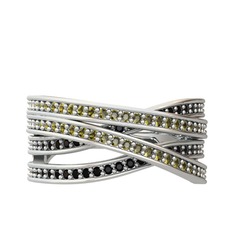 Peridot ve siyah zirkon 18 ayar beyaz altın yüzük