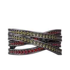 Peridot ve garnet 925 ayar siyah rodyum kaplama gümüş yüzük