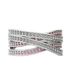 Swarovski ve pembe kuvars 14 ayar beyaz altın yüzük