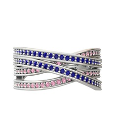 Lab safir ve pembe kuvars 14 ayar beyaz altın yüzük