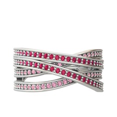 Rodolit garnet ve pembe kuvars 14 ayar beyaz altın yüzük