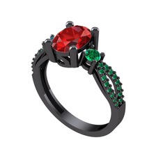 Garnet ve yeşil kuvars 925 ayar siyah rodyum kaplama gümüş yüzük