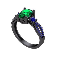 Freja Yüzük - Yeşil kuvars ve lab safir 925 ayar siyah rodyum kaplama gümüş yüzük #1bfwmsg