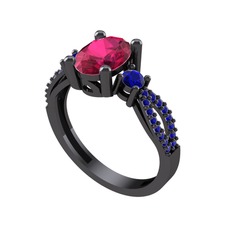 Freja Yüzük - Rodolit garnet ve lab safir 925 ayar siyah rodyum kaplama gümüş yüzük #1c61szt