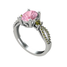 Pembe kuvars ve peridot 14 ayar beyaz altın yüzük