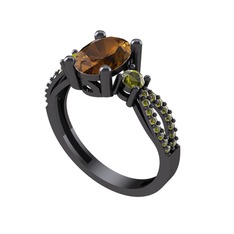 Dumanlı kuvars ve peridot 925 ayar siyah rodyum kaplama gümüş yüzük