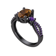 Dumanlı kuvars ve ametist 925 ayar siyah rodyum kaplama gümüş yüzük