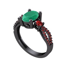 Kök zümrüt ve garnet 925 ayar siyah rodyum kaplama gümüş yüzük