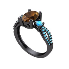 Freja Yüzük - Dumanlı kuvars ve akuamarin 925 ayar siyah rodyum kaplama gümüş yüzük #aob1vu