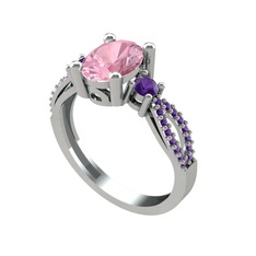 Pembe kuvars ve ametist 18 ayar beyaz altın yüzük