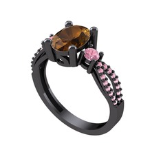 Dumanlı kuvars ve pembe kuvars 925 ayar siyah rodyum kaplama gümüş yüzük