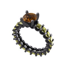 Divya Tamtur Yüzük - Dumanlı kuvars ve peridot 925 ayar siyah rodyum kaplama gümüş yüzük #108859k