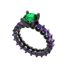 Divya Tamtur Yüzük - Yeşil kuvars ve ametist 925 ayar siyah rodyum kaplama gümüş yüzük #17kp1yk