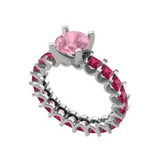Pembe kuvars ve rodolit garnet 14 ayar beyaz altın yüzük