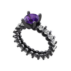 Ametist ve swarovski 925 ayar siyah rodyum kaplama gümüş yüzük