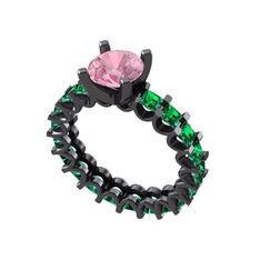 Divya Tamtur Yüzük - Pembe kuvars ve yeşil kuvars 925 ayar siyah rodyum kaplama gümüş yüzük #1prpvus