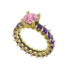 Divya Tamtur Yüzük - Pembe kuvars ve ametist 8 ayar altın yüzük #4jped6