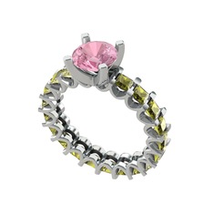 Pembe kuvars ve peridot 14 ayar beyaz altın yüzük