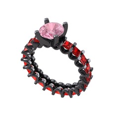 Divya Tamtur Yüzük - Pembe kuvars ve garnet 925 ayar siyah rodyum kaplama gümüş yüzük #9l9y88