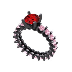 Garnet ve pembe kuvars 925 ayar siyah rodyum kaplama gümüş yüzük