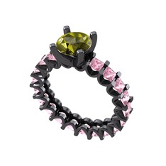 Peridot ve pembe kuvars 925 ayar siyah rodyum kaplama gümüş yüzük