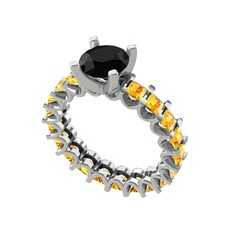 Siyah zirkon ve sitrin 8 ayar beyaz altın yüzük