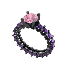 Divya Tamtur Yüzük - Pembe kuvars ve ametist 925 ayar siyah rodyum kaplama gümüş yüzük #sorka4