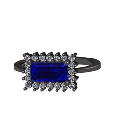 Via Yüzük - Lab safir ve pırlanta 925 ayar siyah rodyum kaplama gümüş yüzük (0.4 karat) #12t1sno