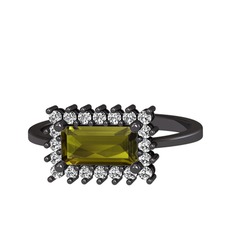Peridot ve beyaz zirkon 925 ayar siyah rodyum kaplama gümüş yüzük