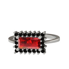 Garnet ve siyah zirkon 18 ayar beyaz altın yüzük