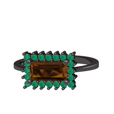 Via Yüzük - Dumanlı kuvars ve kök zümrüt 925 ayar siyah rodyum kaplama gümüş yüzük #d9ri9y