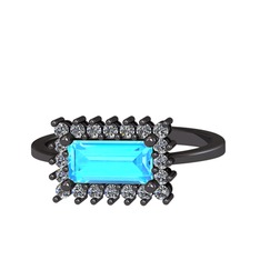 Via Yüzük - Akuamarin ve pırlanta 925 ayar siyah rodyum kaplama gümüş yüzük (0.4 karat) #gyeh9t