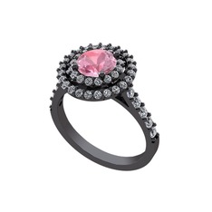 Lyra Yüzük - Pembe kuvars ve swarovski 925 ayar siyah rodyum kaplama gümüş yüzük #8193p