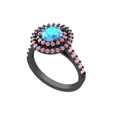Akuamarin ve pembe kuvars 925 ayar siyah rodyum kaplama gümüş yüzük