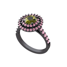 Peridot ve pembe kuvars 925 ayar siyah rodyum kaplama gümüş yüzük