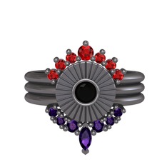 Minimal Tria Cora Yüzük - Garnet, siyah zirkon ve ametist 925 ayar siyah rodyum kaplama gümüş yüzük #100bewc