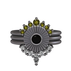 Minimal Tria Cora Yüzük - Peridot, siyah zirkon ve swarovski 925 ayar siyah rodyum kaplama gümüş yüzük #101xyua