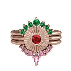 Yeşil kuvars, garnet ve pembe kuvars 14 ayar rose altın yüzük