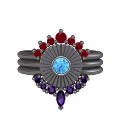 Minimal Tria Cora Yüzük - Kök yakut, akuamarin ve ametist 925 ayar siyah rodyum kaplama gümüş yüzük #1081vvk