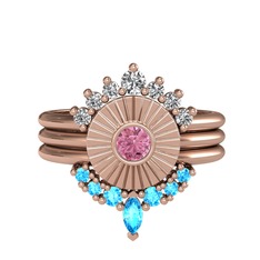 Beyaz zirkon, pembe kuvars ve akuamarin 925 ayar rose altın kaplama gümüş yüzük