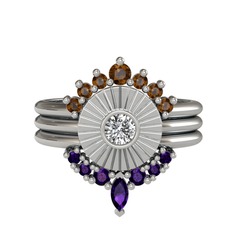 Dumanlı kuvars, swarovski ve ametist 14 ayar beyaz altın yüzük