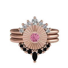 Minimal Tria Cora Yüzük - Swarovski, pembe kuvars ve siyah zirkon 14 ayar rose altın yüzük #10l1ir