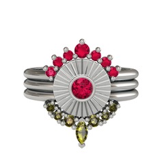 Minimal Tria Cora Yüzük - Rodolit garnet ve peridot 8 ayar beyaz altın yüzük #10modhh