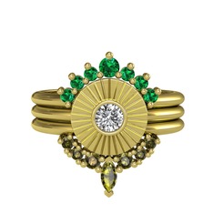 Minimal Tria Cora Yüzük - Yeşil kuvars, swarovski ve peridot 8 ayar altın yüzük #10ol504