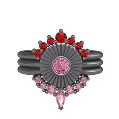 Minimal Tria Cora Yüzük - Garnet ve pembe kuvars 925 ayar siyah rodyum kaplama gümüş yüzük #10w53r2