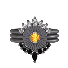 Minimal Tria Cora Yüzük - Swarovski, sitrin ve siyah zirkon 925 ayar siyah rodyum kaplama gümüş yüzük #111h1em
