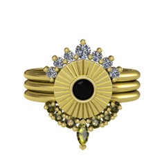 Minimal Tria Cora Yüzük - Pırlanta, siyah zirkon ve peridot 14 ayar altın yüzük (0.42 karat) #115q8p3