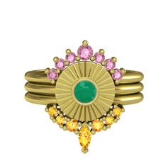 Minimal Tria Cora Yüzük - Pembe kuvars, kök zümrüt ve sitrin 14 ayar altın yüzük #11f8awy