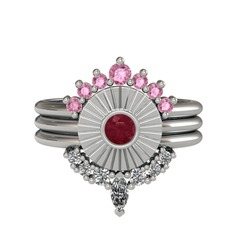 Minimal Tria Cora Yüzük - Pembe kuvars, kök yakut ve beyaz zirkon 8 ayar beyaz altın yüzük #11h96x6